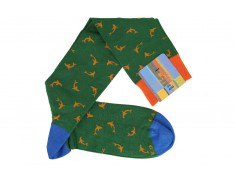 Green knee-high Gallo socks with orange shark motifs